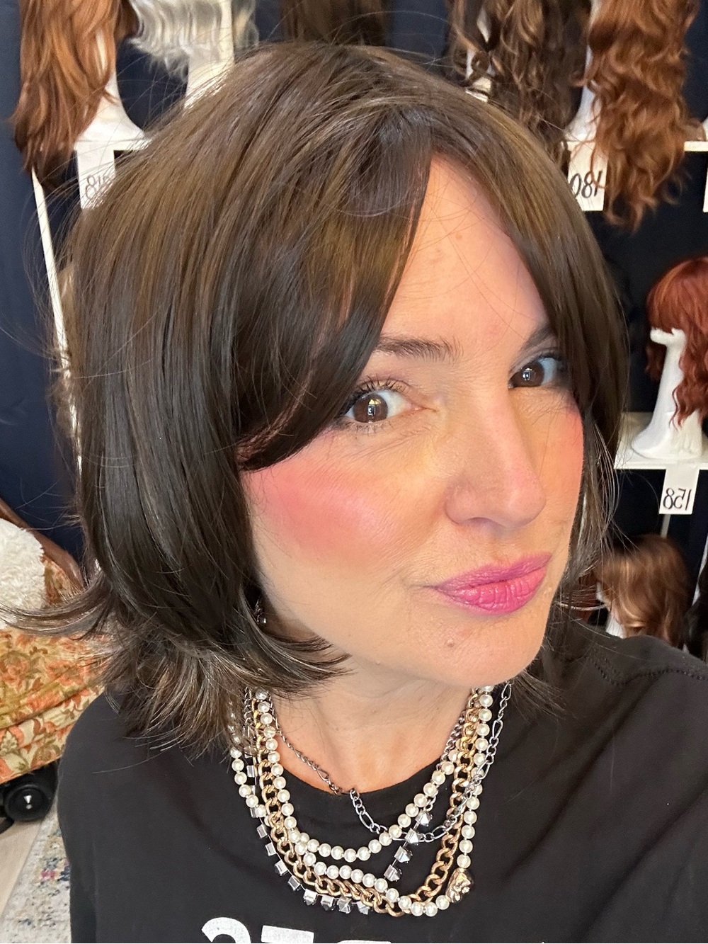 345 "the Monica" Dark Brown baby highlights Short Flippy Curled Bob bangs 8-10”
